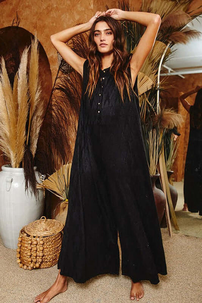 Bucket List Style# R5120 Ladies Chevron Textured Brushed Knit Jumpsuit in Black | Made in USA | Women's Made in America Boutique