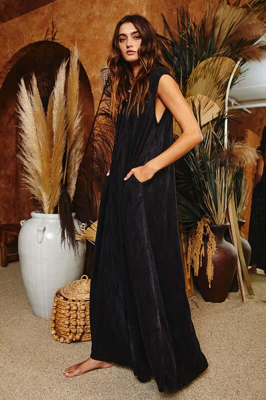 Bucket List Style# R5120 Ladies Chevron Textured Brushed Knit Jumpsuit in Black | Made in USA | Women's Made in America Boutique