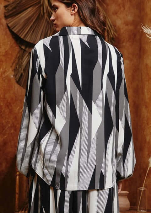 Brand: Bucket List | Black, White & Gray Geometric Design Dressy Button Down Blouse | Style # T1540 | Classy Cozy Cool Made in America Boutique