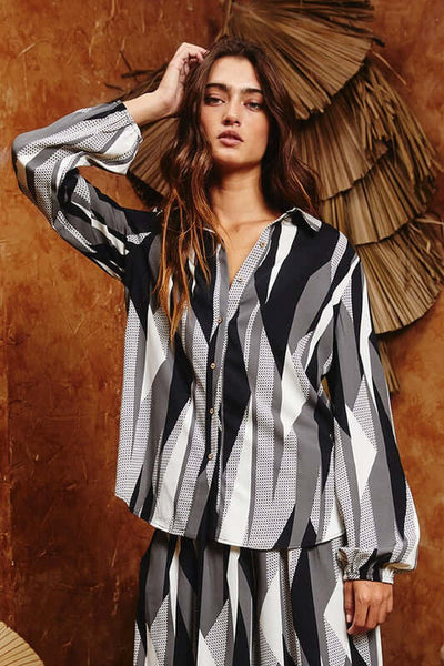 Brand: Bucket List | Black, White & Gray Geometric Design Dressy Button Down Blouse | Style # T1540 | Classy Cozy Cool Made in America Boutique