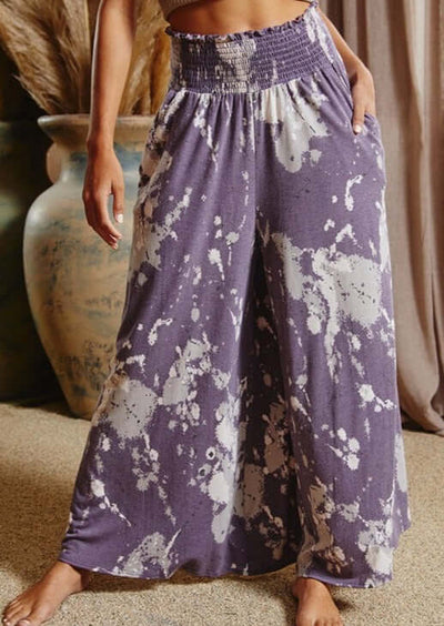 Bucket List Smocked Waist Palazzo Style Pant with side Pockets in Lavender & Taupe P5016 | Made in the USA | Classy Cozy Cool Women's American Boutique