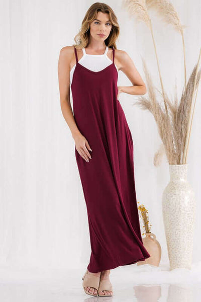 USA Made Ladies V-Neckline Casual Wine Red Maxi Dress for Vacation, Date Night or Valentine's Day | Made in America Clothing Boutique
