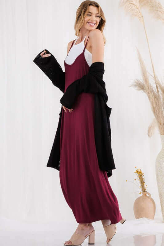 USA Made Ladies V-Neckline Casual Wine Red Maxi Dress for Vacation, Date Night or Valentine's Day | Made in America Clothing Boutique