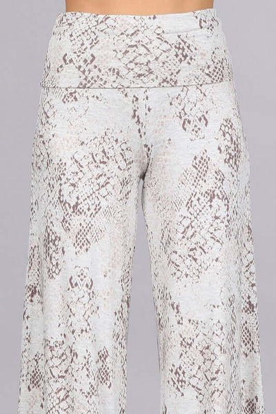 USA Made Light Grey Snake Print Palazzo Pants.  Soft and comfortable design with a stretchy wide fold over waistband for all day comfort. Made in America