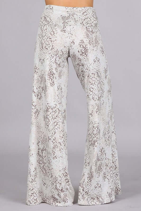 USA Made Light Grey Snake Print Palazzo Pants.  Soft and comfortable design with a stretchy wide fold over waistband for all day comfort. Made in America
