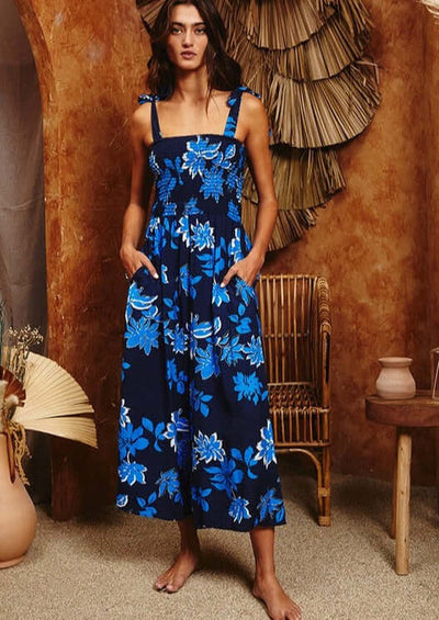 Bucket List Style# RR5158 Ladies Navy & Royal Blue Floral Smocked Bodice Jumpsuit | Made in USA | Classy Cozy Cool Women's Made in America Boutique