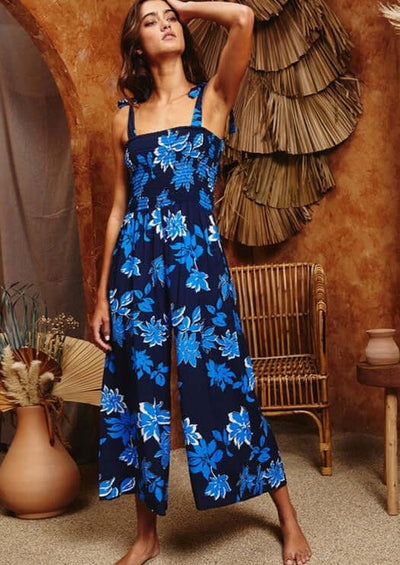 Bucket List Style# RR5158 Ladies Navy & Royal Blue Floral Smocked Bodice Jumpsuit | Made in USA | Classy Cozy Cool Women's Made in America Boutique
