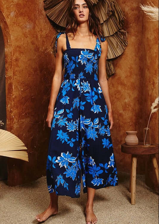 Bucket List Style# RR5158 Ladies Navy & Royal Blue Floral Smocked Bodice Jumpsuit | Made in USA | Classy Cozy Cool Women's Made in America Boutique