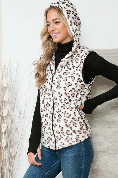 Super Soft Ladies Leopard Fleece Zipper Vest in Black, White & Camel | Orange Farm Style# OFV1396  | Made in USA | American Made Women's Clothing