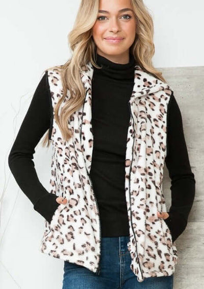 Super Soft Ladies Leopard Fleece Zipper Vest in Black, White & Camel | Orange Farm Style# OFV1396  | Made in USA | American Made Women's Clothing