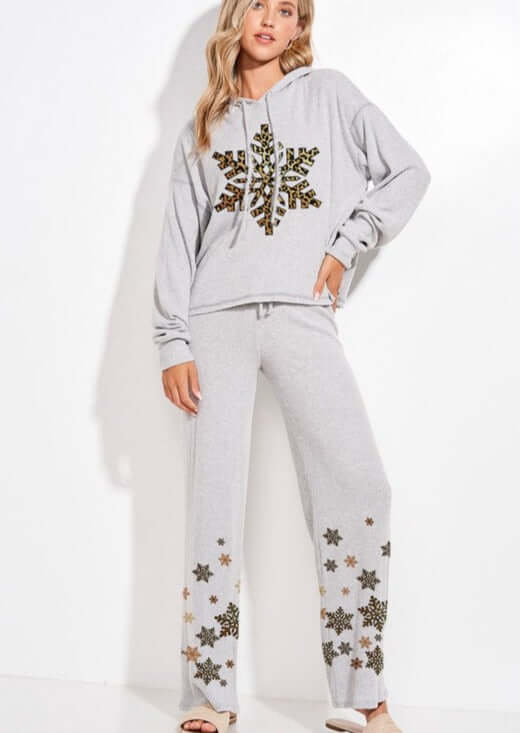 Brand: Phil Love | Gray Leopard Snowflake Christmas Loungewear Pajama Set | Proudly Made in the USA | Women's Made in America Boutique