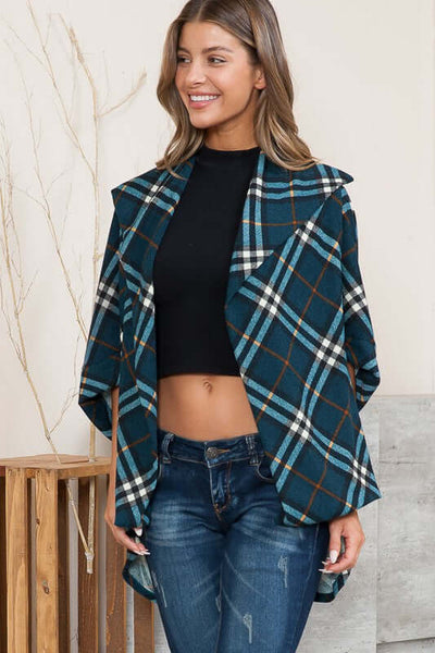 Ladies Plaid Design High Low Dolman Sleeve Cardigan Shawl Top in Dark Teal & Light Teal | Style OFT1378 Orange Farm Clothing | Made in USA | Classy Cozy Cool Women's American Boutique