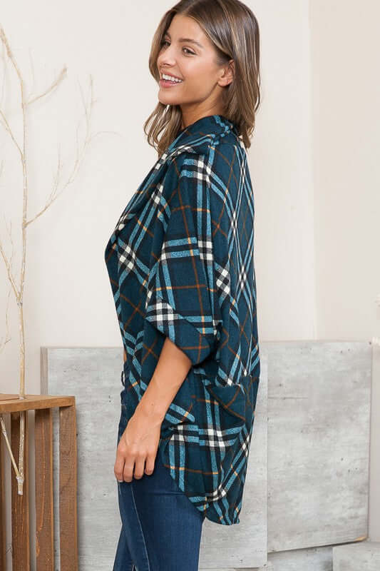Ladies Plaid Design High Low Dolman Sleeve Cardigan Shawl Top in Dark Teal & Light Teal | Style OFT1378 Orange Farm Clothing | Made in USA | Classy Cozy Cool Women's American Boutique