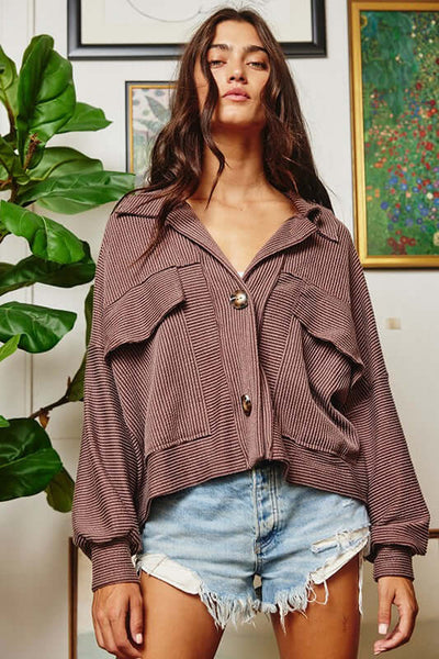Brand: Bucket List | Ladies Ribbed Chestnut Brown Shirt Jacket with Oversized Front Utility Pockets | Style# T1342 | Made in USA 