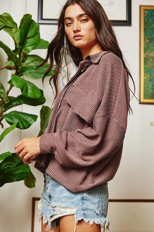 Brand: Bucket List | Ladies Ribbed Chestnut Brown Shirt Jacket with Oversized Front Utility Pockets | Style# T1342 | Made in USA 