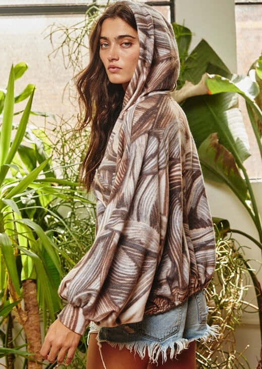Bucket List Style T1890 Ladies Slouchy Oversized Exotic Print Brushed Knit Button Up Hoodie | Made in USA | Made in America Women's Clothing Boutique