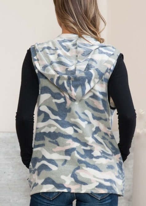 USA Made Super Soft Ladies Camo Design Lightweight Fleece Zipper Vest | Orange Farm Style# OFV1396  | Made in USA | American Made Women's Clothing