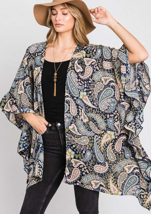 Ladies Gorgeous Oversized Navy with multi colored Paisley Print Ruffle Side Open Front Kimono Cardigan | Made in USA | Women's Made in America Boutique