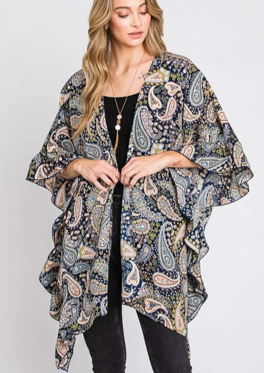 Ladies Gorgeous Oversized Navy with multi colored Paisley Print Ruffle Side Open Front Kimono Cardigan | Made in USA | Women's Made in America Boutique