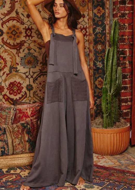 Charcoal Gray Bucket List Style# R5076 Ladies French Terry Casual Overall Slouchy Jumpsuit with Adjustable Straps  | Made in USA | Women's Made in America Boutique