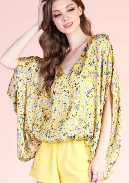 Bright Yellow Ladies Ditsy Pixel Caftan Top Proudly Made in USA | Tyche Style T-7420 | V-Neck, Elastic waist, Flowy Fit | Women's Made in America Clothing Boutique