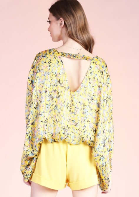 Bright Yellow Ladies Ditsy Pixel Caftan Top Proudly Made in USA | Tyche Style T-7420 | V-Neck, Elastic waist, Flowy Fit | Women's Made in America Clothing Boutique