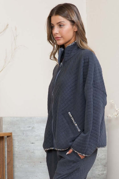 Orange Farm Clothing Style OFJ1400 USA Made Ladies Navy Quilted Zip Up Jacket with Floral Detail | Classy Cozy Cool Women's Made in America Boutique