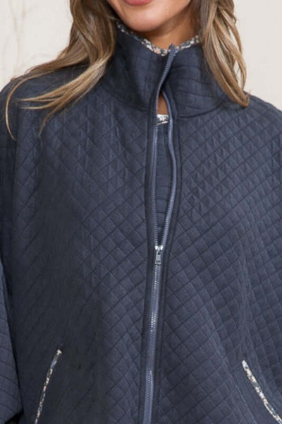 Orange Farm Clothing Style OFJ1400 USA Made Ladies Navy Quilted Zip Up Jacket with Floral Detail | Classy Cozy Cool Women's Made in America Boutique