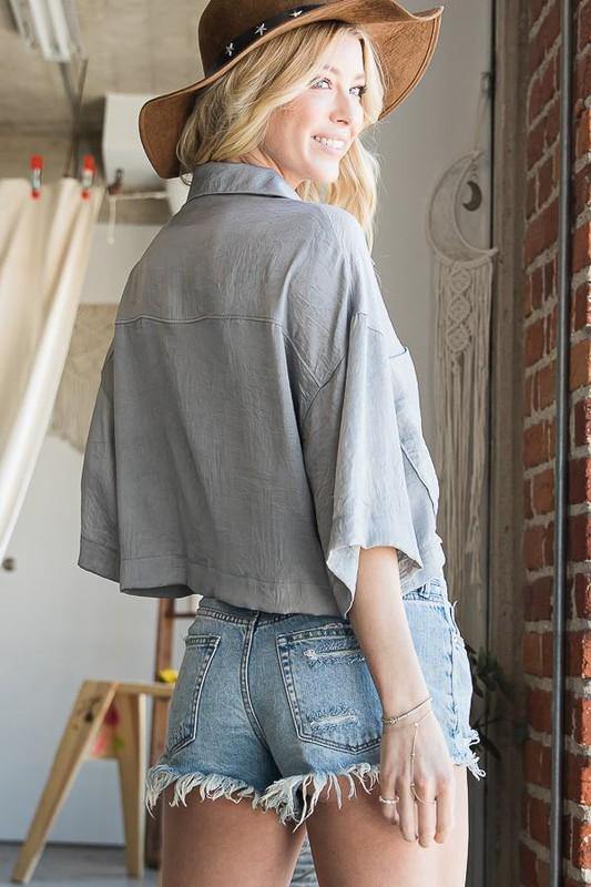 Brand: Bucket List - Silver Cropped Button Up Top with Collar Neckline -  Best Dressed, Blouse, Bohemian, BoHo, Button Down, Collared, Crop Top, Featured, Made in America, made in usa, Shirt, Silver, Spring, Summer, Women's Clothing - Classy Cozy Cool Boutique