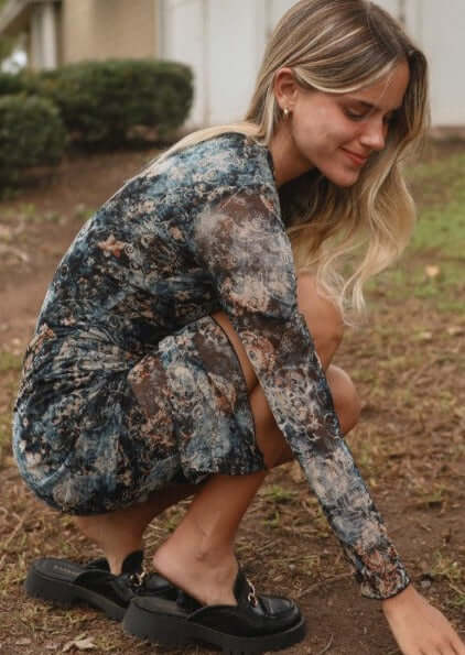 Brand: If She Loves | Winter Sunset Floral Mesh Midi Dress | Style ISD1267 | Made in USA | Classy Cozy Cool Women's Clothing Boutique