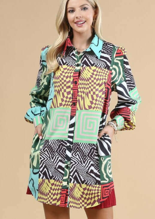 USA Made Ladies Abstract Printed Button Down Shirt Jacket, Mini Dress or Tunic with Pockets | Classy Cozy Cool Women's Made in America Boutique