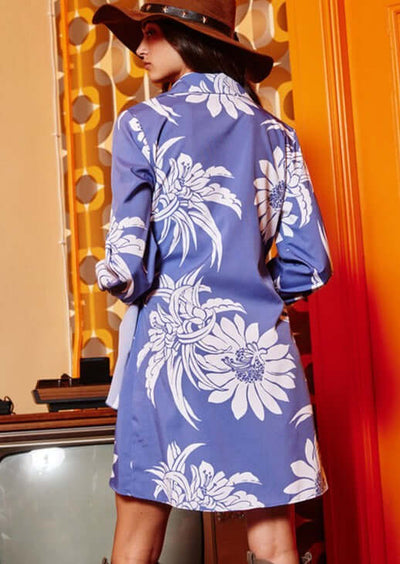 Ladies Indigo Blue Floral Wrap Mini Dress or Tunic with Long Puff Sleeves | Bucket List Style# D4062 | Made in USA | Classy Cozy Cool American Boutique