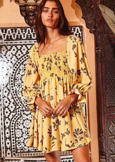 Ladies Off the Shoulder Light Mustard Floral Mini Dress or Tunic | Bucket List Style# D4052 | Made in USA | Classy Cozy Cool American Boutique