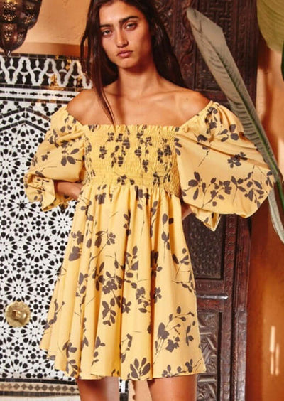 Ladies Off the Shoulder Light Mustard Floral Mini Dress or Tunic | Bucket List Style# D4052 | Made in USA | Classy Cozy Cool American Boutique