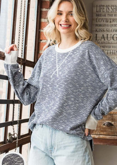 USA Made Ladies Oversized Navy Sweater Knit Lightweight Drop Shoulder Long Sleeve Top in Navy & Cream | Classy Cozy Cool Women's Made in America Boutique