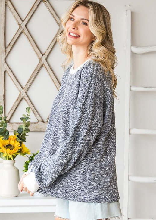 USA Made Ladies Oversized Navy Sweater Knit Lightweight Drop Shoulder Long Sleeve Top in Navy & Cream | Classy Cozy Cool Women's Made in America Boutique