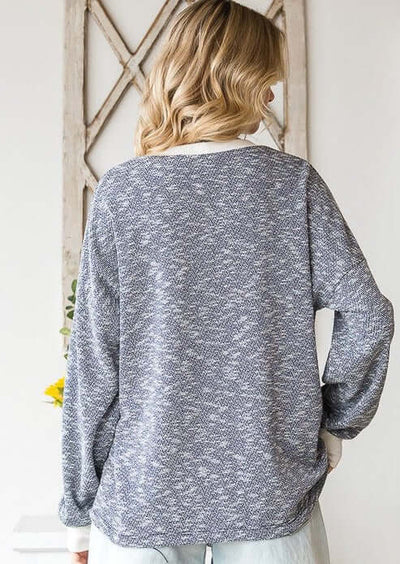 USA Made Ladies Oversized Navy Sweater Knit Lightweight Drop Shoulder Long Sleeve Top in Navy & Cream | Classy Cozy Cool Women's Made in America Boutique