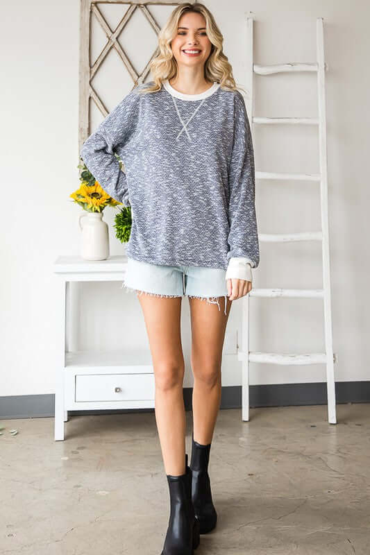 USA Made Ladies Oversized Navy Sweater Knit Lightweight Drop Shoulder Long Sleeve Top in Navy & Cream | Classy Cozy Cool Women's Made in America Boutique