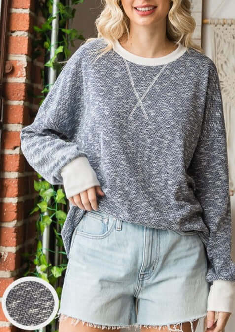 USA Made Ladies Oversized Navy Sweater Knit Lightweight Drop Shoulder Long Sleeve Top in Navy & Cream | Classy Cozy Cool Women's Made in America Boutique