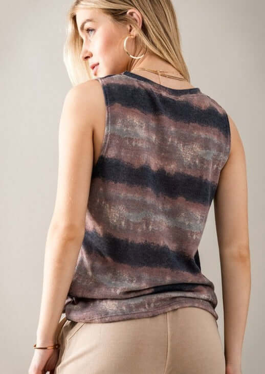 Made in USA Super Soft Ladies Smudged Effect Print High Neck Sleeveless Tank Top -Longer Length - Navy, Mauve & Grey  | Classy Cozy Cool Made in America Boutique