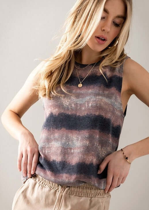 Made in USA Super Soft Ladies Smudged Effect Print High Neck Sleeveless Tank Top -Longer Length - Navy, Mauve & Grey  | Classy Cozy Cool Made in America Boutique