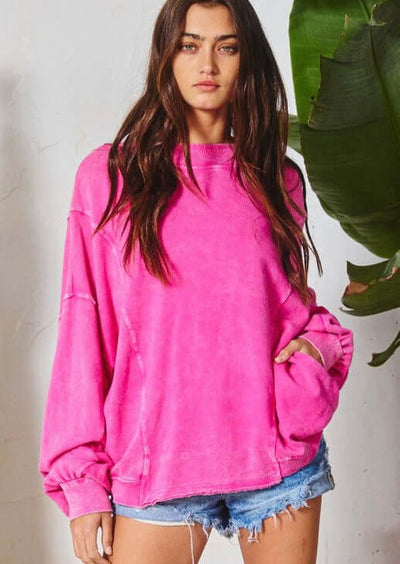 Brand: Bucket List Style# IT1365 | Oversized Ladies Fuchsia Reversible Twist Sweatshirt with Pockets | Made in USA | Classy Cozy Cool Women's American Boutique
