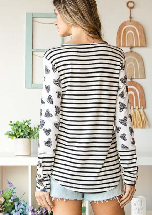 Ladies Valentine Heart Print Stripe Contrast Top Made in USA | Colors: Black & Off White Round Neck Curved hem | Made in America Women's Clothing Boutique