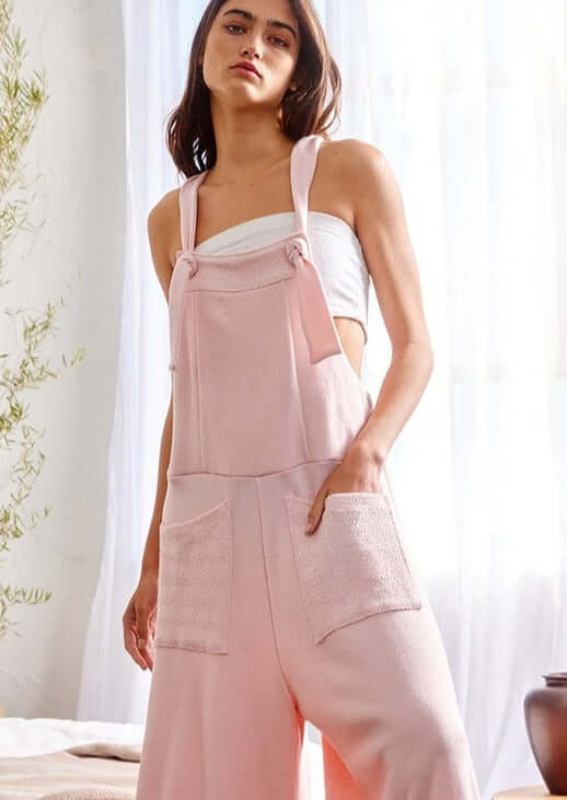 Bucket List Style# R5076 Ladies French Terry Casual Jumpsuit in Spring Colors Ivory & Blush with Adjustable Straps  | Made in USA | Women's Made in America Boutique