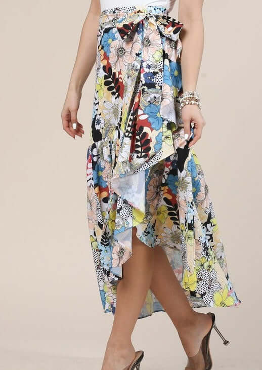 USA Made Ladies Colorful Print Ruffled Side Tie Wrap Skirt with Flounce Ruffle Hem | Classy Cozy Cool Women's Made in America Boutique