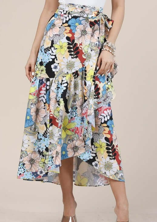 USA Made Ladies Colorful Print Ruffled Side Tie Wrap Skirt with Flounce Ruffle Hem | Classy Cozy Cool Women's Made in America Boutique