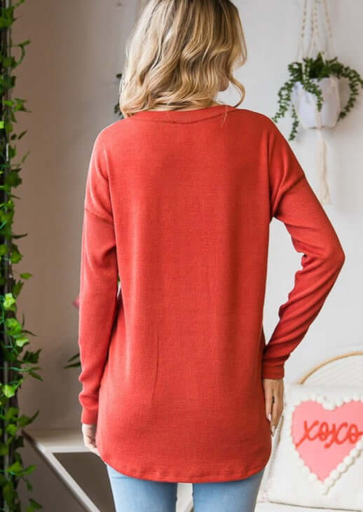 Ladies Long Sleeve Spring Color Block Top with Cable Knit Panel & Ditsy Floral Detail in Coral | Made in USA | Classy Cozy Cool American Made Boutique