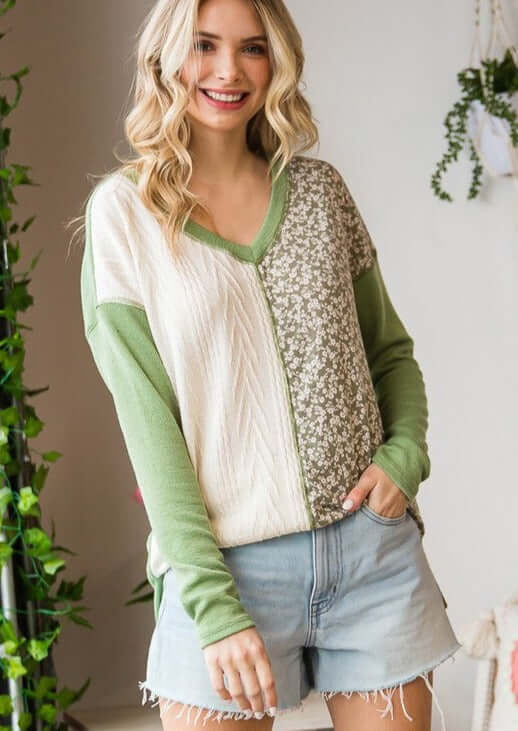 Ladies Long Sleeve Spring Color Block Top with Cable Knit Panel & Ditsy Floral Detail in Sage | Made in USA | Classy Cozy Cool American Made Boutique