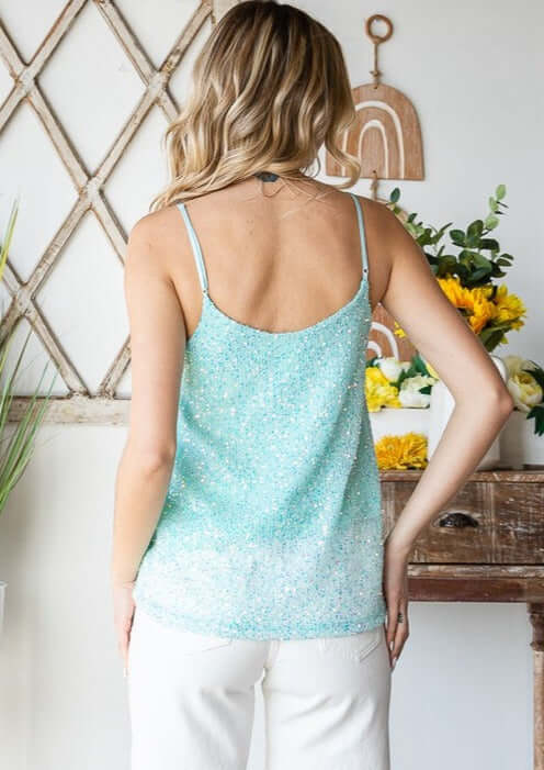 Made in USA Women's Aqua Mint Scalloped V-Neck Sequins Cami Dressy Tank Top | Classy Cozy Cool Women's Made in America Boutique