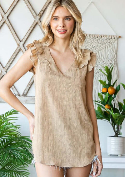 Tan Ladies V-Neck Ruffled Shoulder Sleeveless Top Stretchy Crinkled Material | Made in USA | Classy Cozy Cool Women's Made in America Boutique